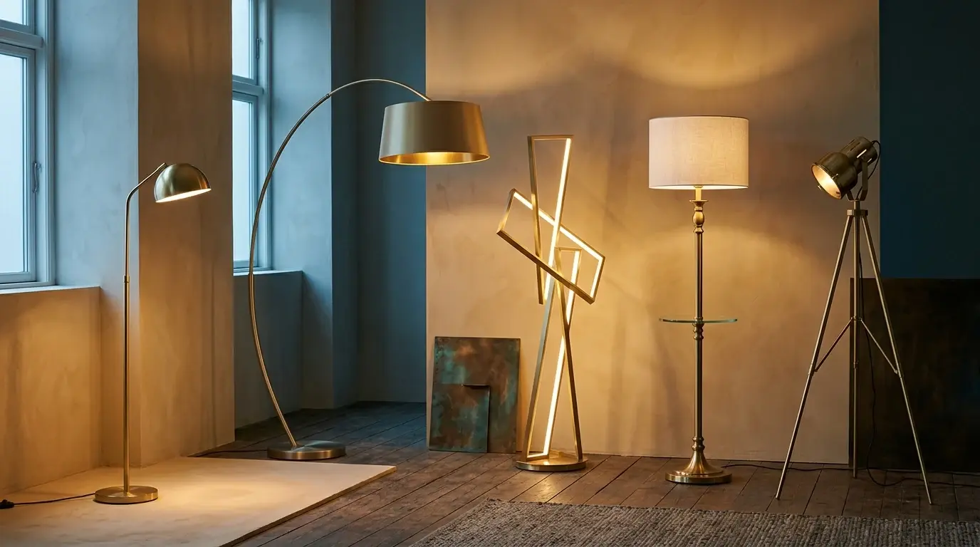Messing gulvlampe: fem aktuelle valg 2026 | Gulvlampe.com
